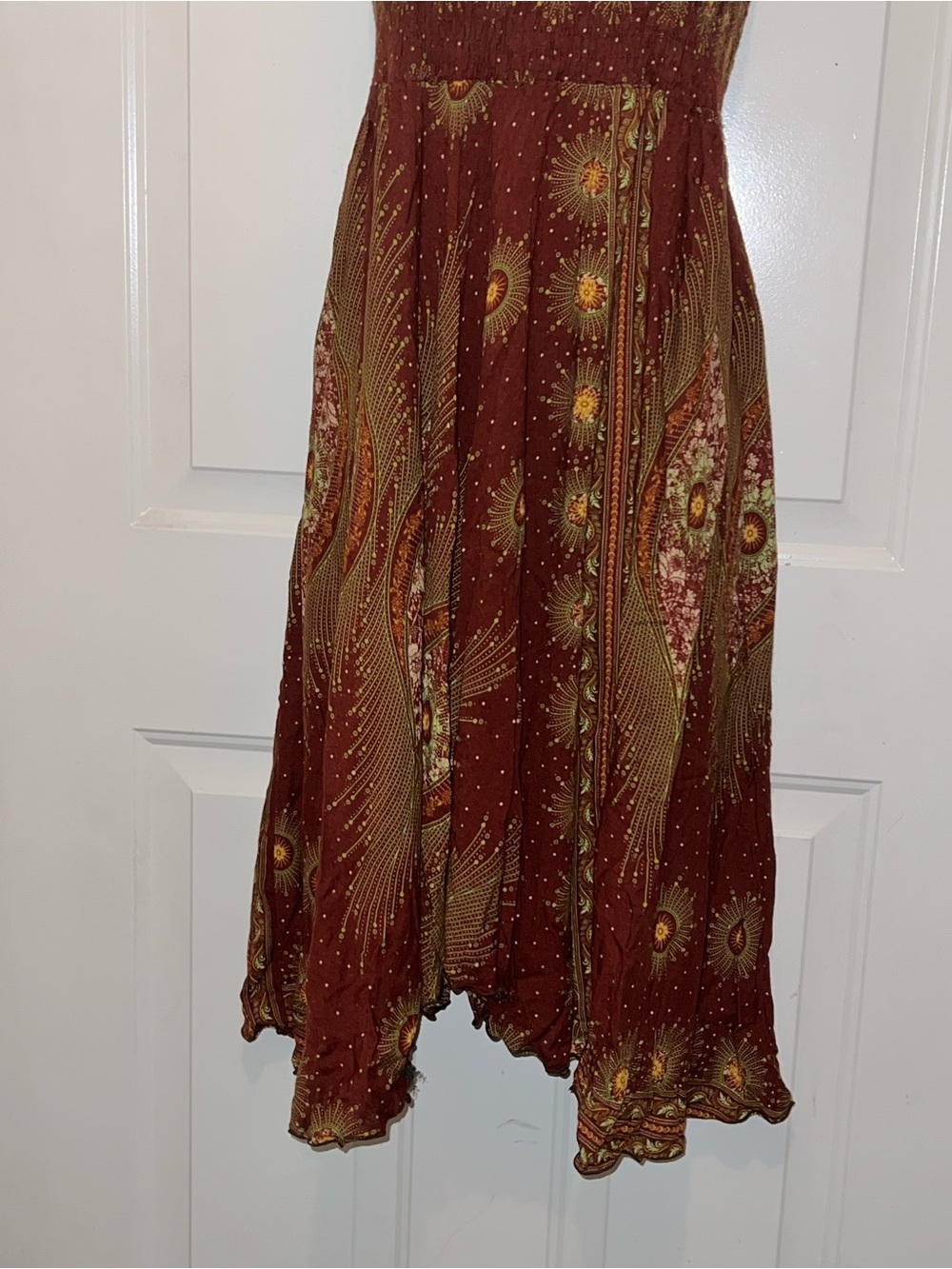 Strapless Smocked Midi Dress in Burgundy Sunburst Floral